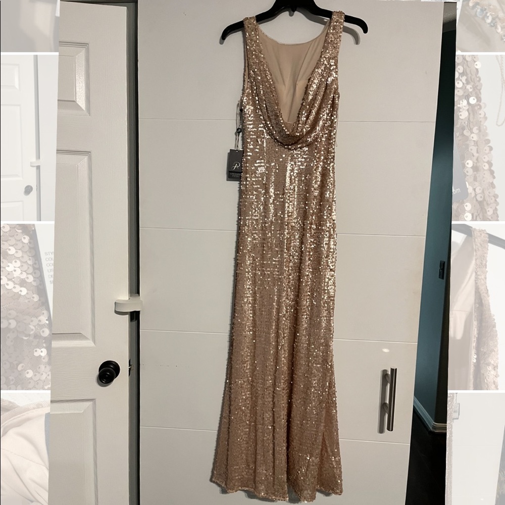 Nude sequin Adrianna Papell long gown. Cowl neck back. Floor length sleeveless